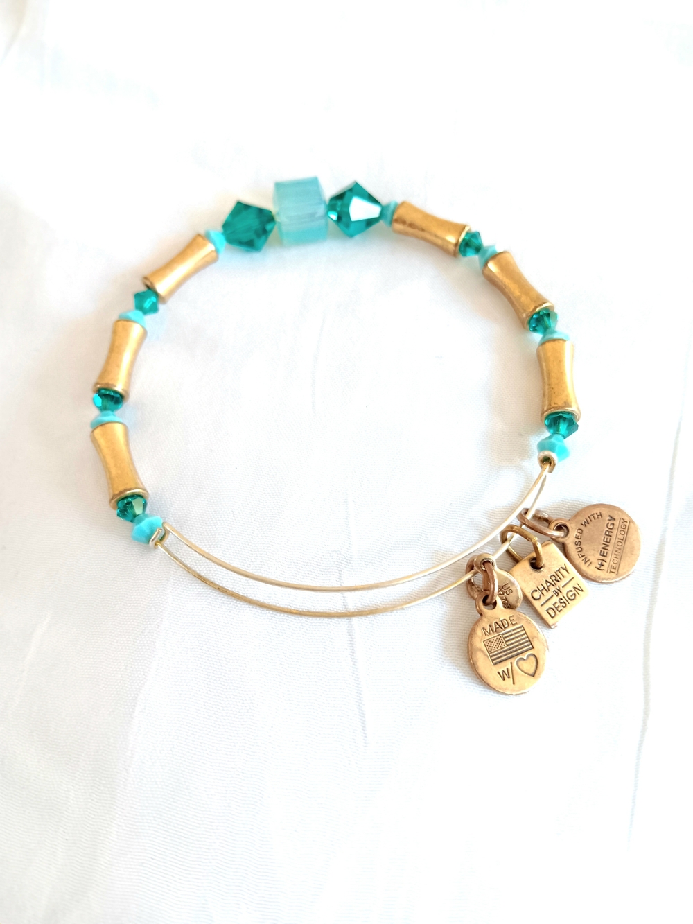 Alex and Ani Turquoise and Gold Crystal Tube Bead Expandable Bracelet